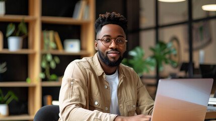 Poster - portrait of a male tech support worker sitting in modern office working on laptop