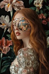 Wall Mural - A model with long red hair, wearing an avant-garde mask made of copper and jewels, with images of various scenes from Renaissance paintings tattooed on her.