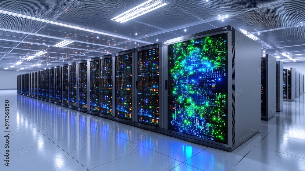 A modern data center with rows of illuminated server racks, glowing ...