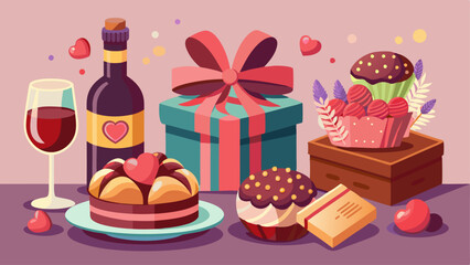 Chocolate candy and gift box set for valentine day vector. Wine bottle with ribbon and bow element design. Modern surprise truffle dessert and cake for romantic celebration on breakfast or dinner