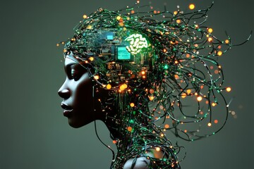 Wall Mural - Cognitive enhancement neuroprosthetics quantum entanglement brain computer interface and wearable robotics woman with glowing neural network symbolizing the fusion of intelligence and data