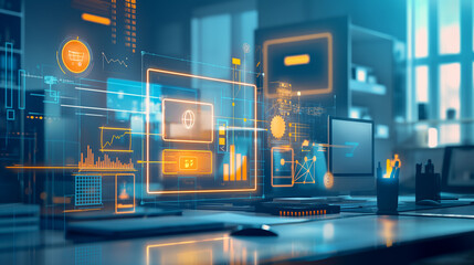 Poster - digital Process to increase work productivity concept visualization through virtual display of icons in modern office, digital management technology 