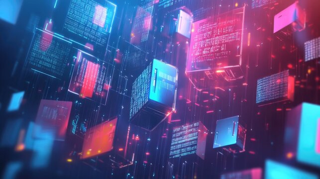 Abstract futuristic 3D background with glowing neon cubes and lines.