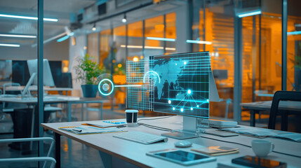 Poster - digital Process to increase work productivity concept visualization through virtual display of icons in modern office, digital management technology 