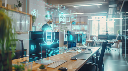 Poster - digital Process to increase work productivity concept visualization through virtual display of icons in modern office, digital management technology 