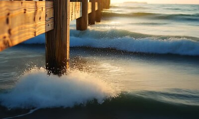 Wall Mural - wooden pier extends over gentle waves during sunset, reflecting golden light