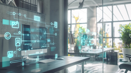 Poster - digital Process to increase work productivity concept visualization through virtual display of icons in modern office, digital management technology 