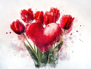 Canvas Print - A bouquet of red tulips with a heart in the center. The heart is surrounded by the tulips, creating a romantic and beautiful scene