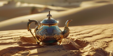 A teapot is sitting on the sand in the desert. The teapot is made of gold and silver and has a unique design. The scene is peaceful and serene, with the teapot as the focal point