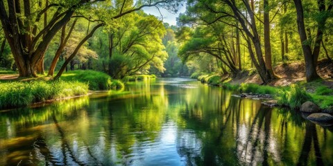 Serenity of a tranquil river flowing through a lush forest setting