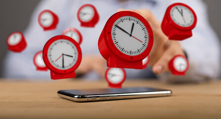 Poster - Time Management Concept with Floating Clocks and Smartphone
