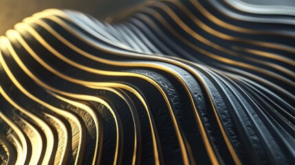 Wall Mural - A black and gold wave pattern. The image is abstract and has a futuristic feel to it. The gold color adds a sense of luxury and sophistication to the design