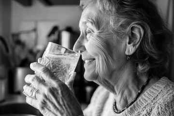 Poster - A woman is drinking water from a glass. She is smiling and she is happy. Concept of contentment and relaxation