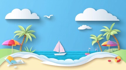 A paper drawing of a beach scene with palm trees and two sailboats