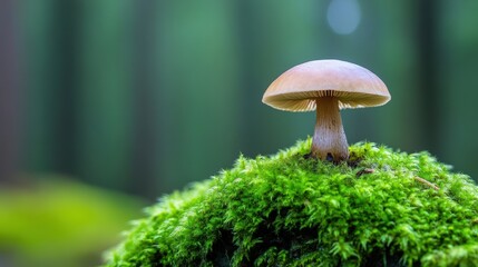 Poster - A mushroom sitting on top of a green moss covered hill, AI