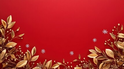 a red background with gold leaves and snowflakes