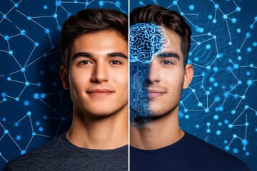 Sticker - Synaptic plasticity algorithmic intelligence ai brain sensory augmentation and cognitive computing young man with half his face as digital circuitry symbolizing ai human cognitive enhancement