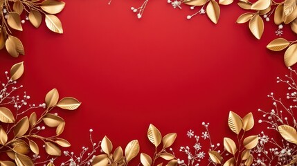 A red background with gold leaves and snowflakes