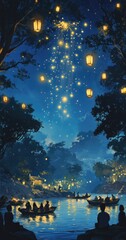 Wall Mural - A serene night scene with people in boats and floating lanterns against a backdrop of a starry sky.