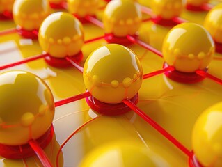 Wall Mural - A close up of many yellow and red balls arranged in a pattern. The balls are connected by red strings, creating a sense of unity and interconnection. The image conveys a feeling of harmony