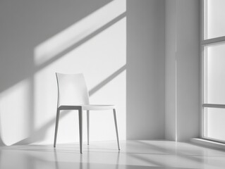 Poster - Minimalist Interior Design with a Single White Chair and Sunlight.