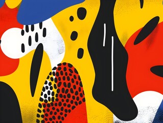 Poster - A vibrant abstract design featuring bold shapes and polka dots in bright colors like yellow, red, blue, and black, creating a playful and energetic composition.
