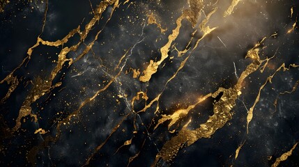 Poster - A luxurious black marble texture with striking gold veins and splashes, creating a sophisticated and elegant abstract background design.