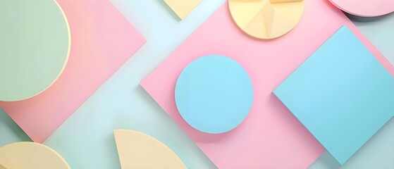 Poster - A modern abstract design featuring geometric shapes in soft pastel colors, including pink, blue, yellow, and green, creating a playful and minimal visual composition.