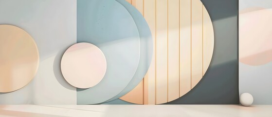 Poster - A minimalist abstract design featuring large overlapping geometric shapes in soft pastel tones of beige, pink, and blue, creating a serene and modern visual.