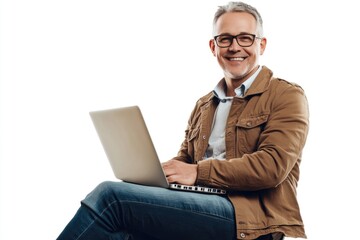 Wall Mural - Middle aged businessman using laptop  happy and smiling.