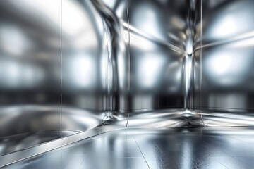 Aufkleber - A sleek, futuristic metallic room with reflective surfaces, smooth textures, and modern design, creating a high-tech, industrial atmosphere.