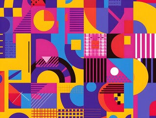 Poster - A vibrant and dynamic abstract artwork featuring a patchwork of colorful geometric shapes, including squares, circles, triangles, and lines.