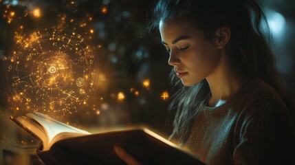 A young woman immersed in reading a glowing book under warm light, with mystical symbols floating in the air during a quiet evening