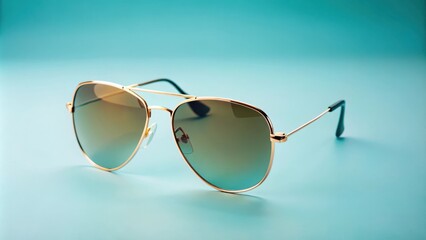 Stylish gold metal sunglasses on a light blue background