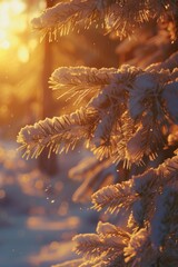 Sticker - A tree branch covered in snow with the sun shining on it. The sun's rays create a warm and inviting atmosphere