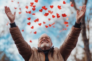 Wall Mural - A man is smiling and holding his arms out, surrounded by a cloud of red hearts. Concept of joy and happiness, as the man is celebrating or expressing his love for something or someone