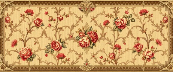 Wall Mural - Ornate Floral Pattern with Red Roses in a Gilded Frame