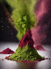 Wall Mural - Vibrant mix of matcha powder, cocoa, and beetroot powder being tossed in the air
