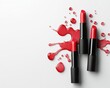 © Creator88 - Flatlay of lipstick tubes and water splashes on a glossy surface, minimalist layout, clean design, top view