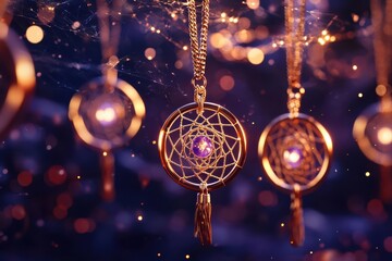 A captivating close-up of shimmering dream catchers, glowing in a mystical ambiance, perfect for spiritual and decorative themes.