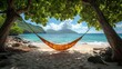© Z.I.M - Tranquil beach scene with a hammock under lush trees.