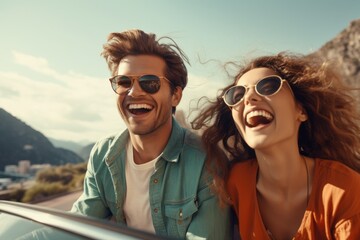 A beaming couple wearing sunglasses enjoys an exhilarating ride, their laughter capturing the essence of carefree joy under a sunny sky.