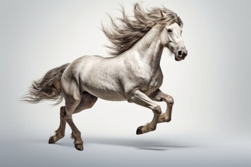 A powerful white horse captured mid-gallop, with flowing mane and tail, exuding strength, grace, and motion against a light background.