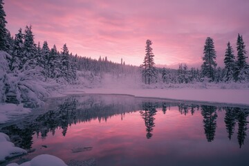 Poster - a lake surrounded by snow covered trees and a pink sky