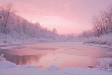 Wall Mural - a frozen lake surrounded by snow covered trees