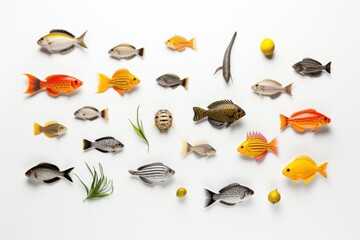 A diverse array of colorful and detailed fish species displayed against a white background, showcasing vibrant patterns and realistic textures.