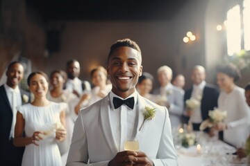 Dapper groom in a white tuxedo smiling broadly, holding a drink, at a lively wedding reception, surrounded by guests in chic attire.