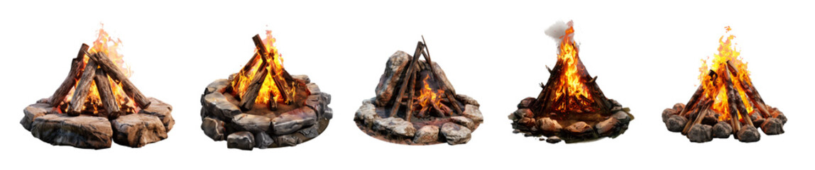 Set of bonfires, isolated on transparent background. PNG element.