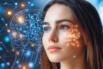 Wall Mural - Neural synaptic plasticity cyber intelligence bio digital and bio digital futuristic woman with ai enhanced brain blending technology and human cognition