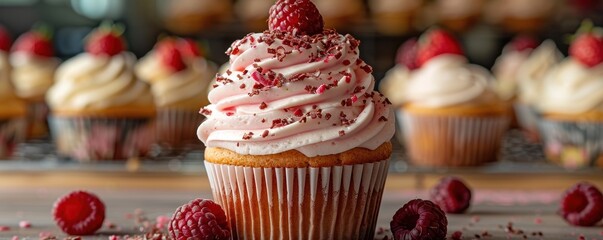 A beautifully decorated cupcake topped with raspberries and cream frosting, surrounded by other delectable cupcakes and fresh raspberries, creating an enticing dessert display